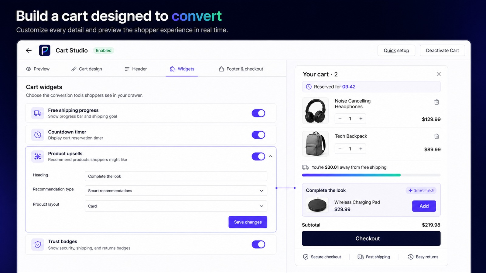 PrimeCart Cart Studio configuring product upsells beside a live cart drawer preview