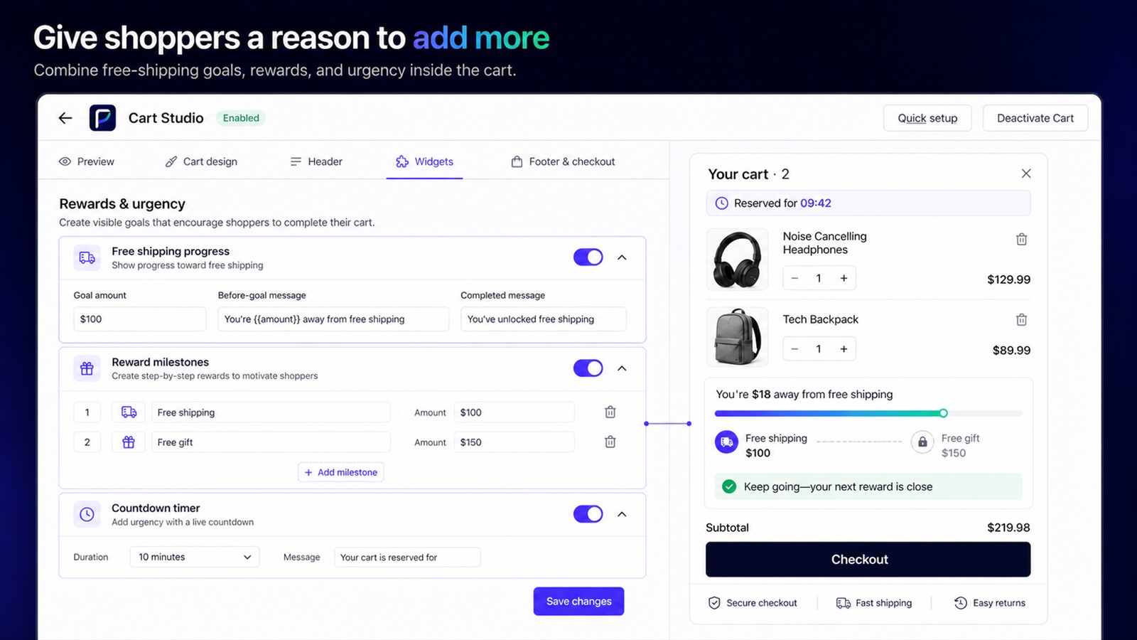 PrimeCart reward milestones, free shipping progress, and countdown settings with a live drawer preview