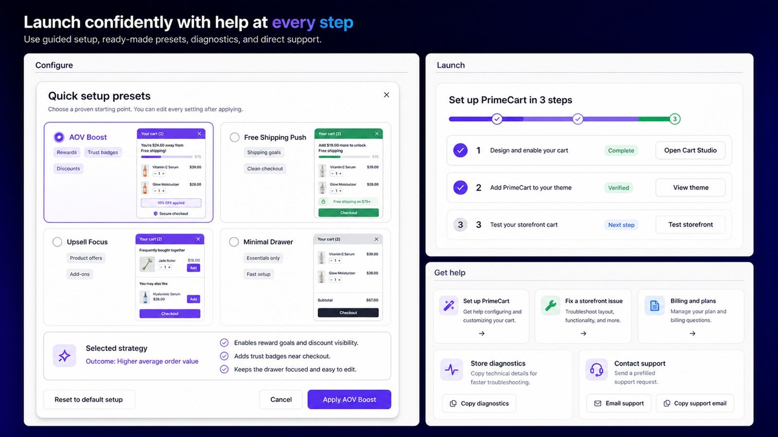PrimeCart quick setup presets, three-step launch guide, diagnostics, and support tools